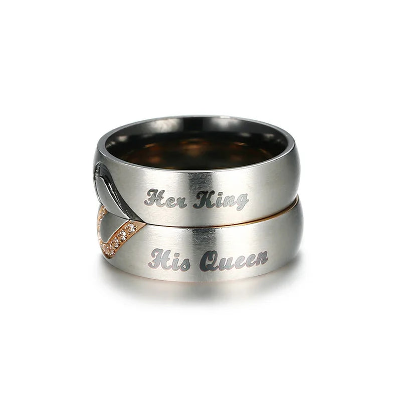 Her King His Queen Couple Wedding Band Ring Stainless Steel CZ Stone Anniversary Promise Ring for Women Men