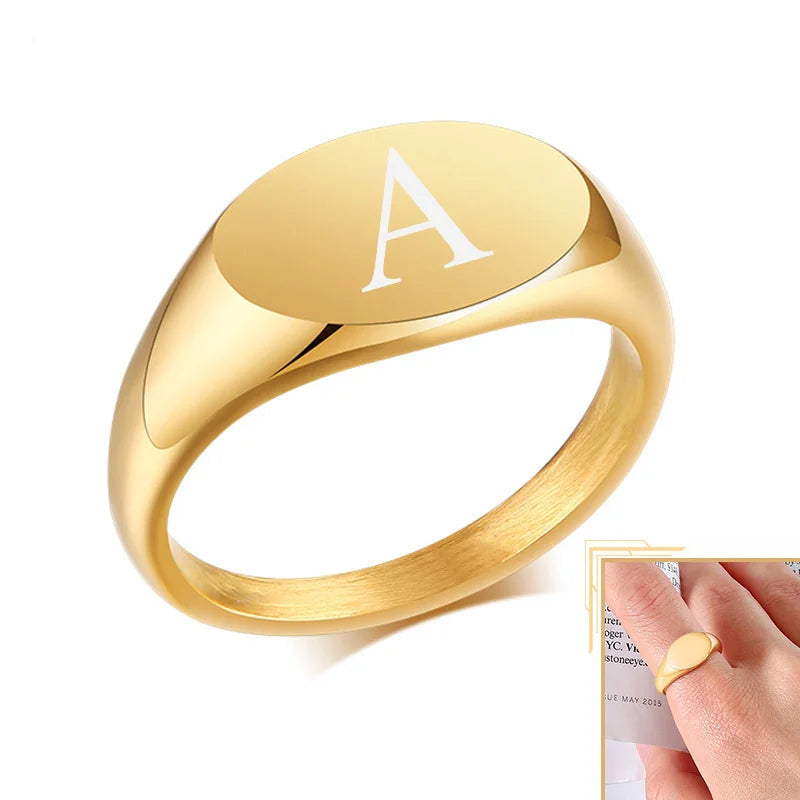 Khufu Ring for Women,9mm Initial Gold Color Solid Stainless Steel Stamp Ring,Minimalist Metal Name Jewelry Gift